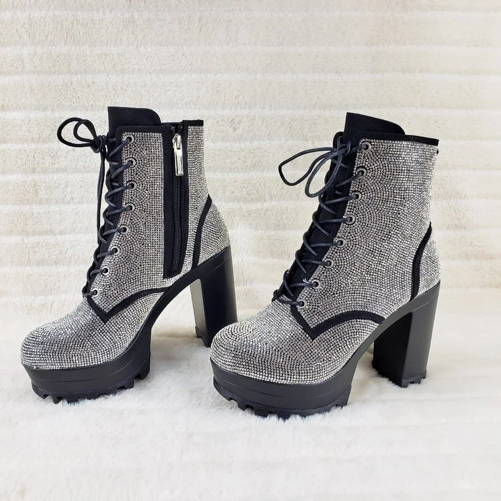 Cape Robbin Silver Crystal Lace-Up Platform Ankle Boots - Picture 14 of 15